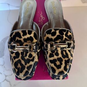 Lilly Pulitzer Andi Mule, hair-calf Tan &Black Leopard, Brass Bamboo Top, Sz 8.5